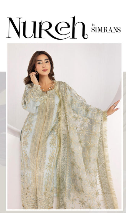 Nureh By Simran’s – 3 Piece Organza Heavy Embroidered Wedding Collection | Sizes S–XL