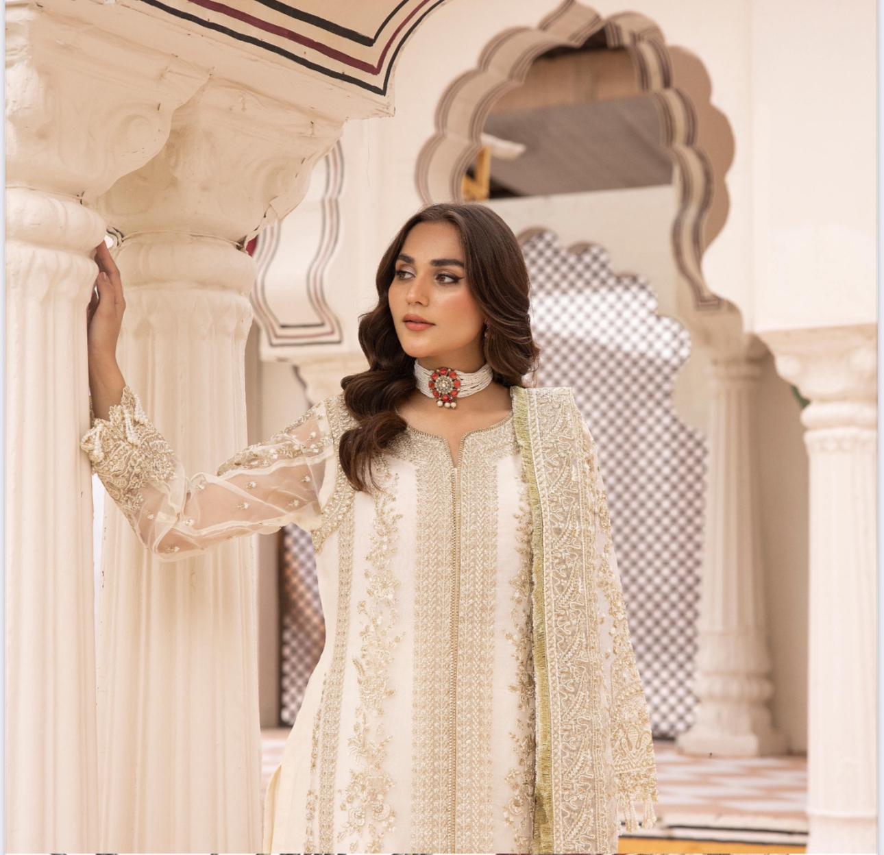 Nureh By Simran’s – 3 Piece Organza Heavy Embroidered Wedding Collection | Sizes S–XL