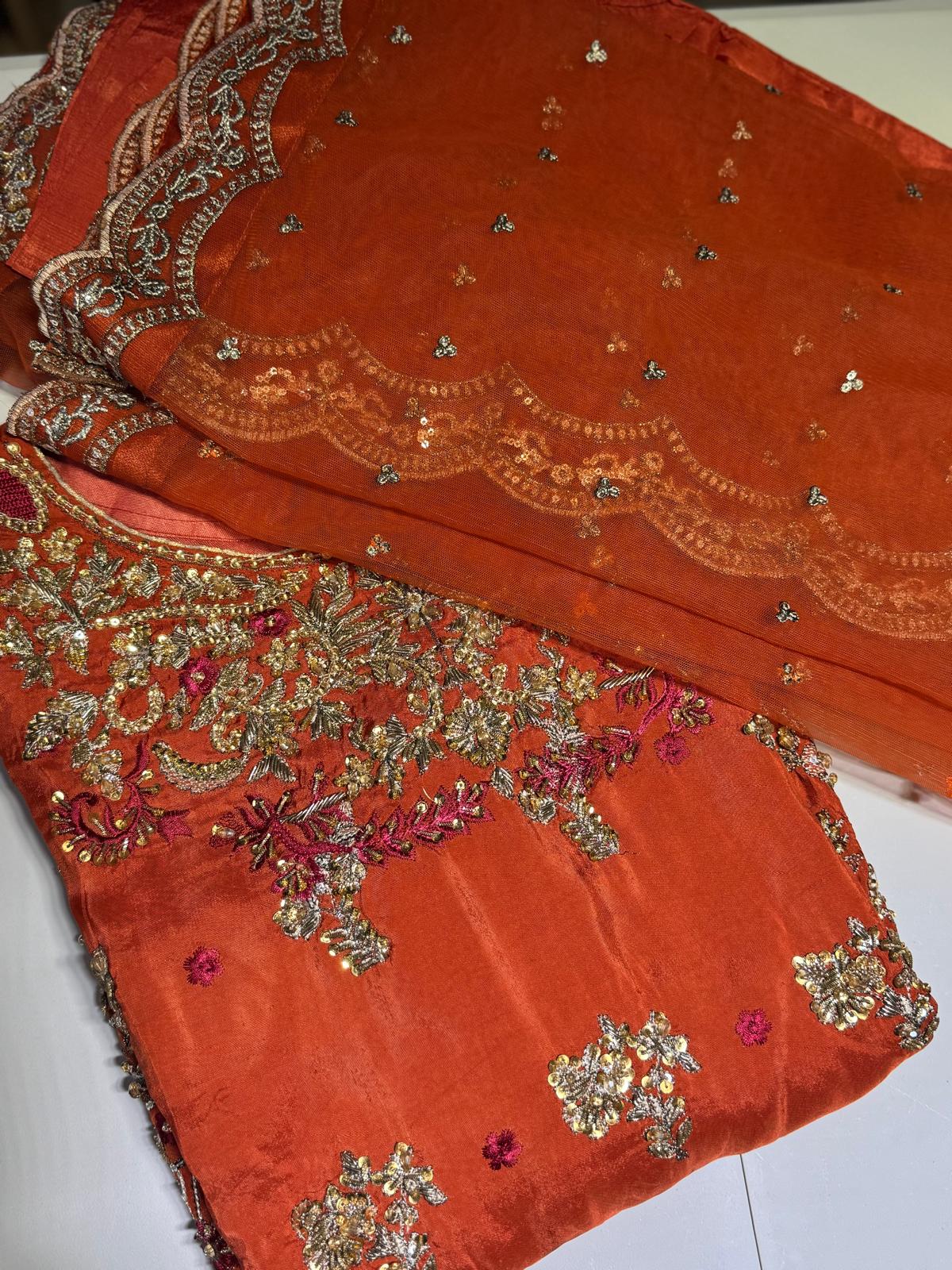 Haris Shakeel (INSPIRED) …3pcs Beautiful heavy embroidered wedding collection silk suit with net duppatta..