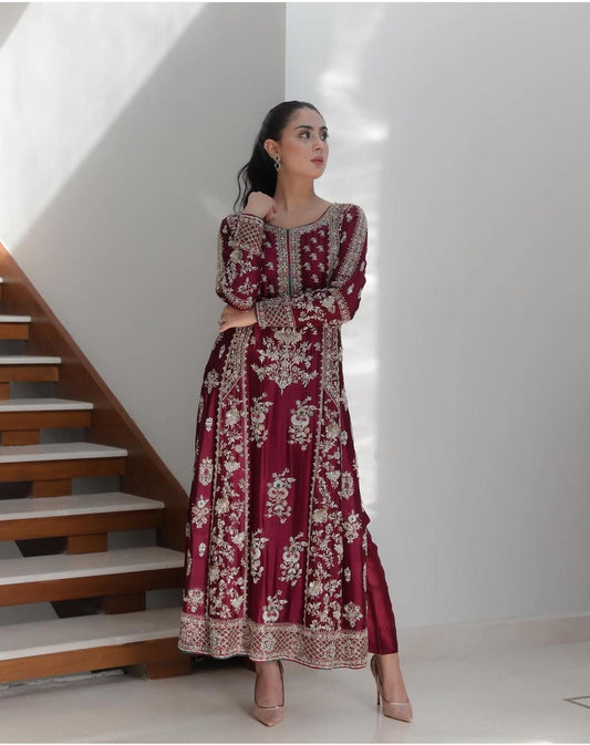 Waqar Asghar( inspired) 3pcs Heavy Embroidered Wedding Collection…Silk fabric shirt/ trouser….embroidered soft organza dupatta Size S-XL