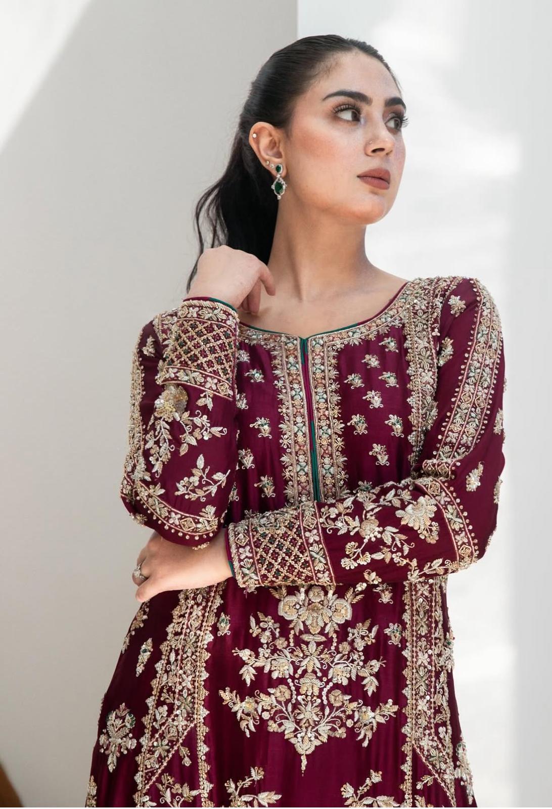 Waqar Asghar( inspired) 3pcs Heavy Embroidered Wedding Collection…Silk fabric shirt/ trouser….embroidered soft organza dupatta Size S-XL