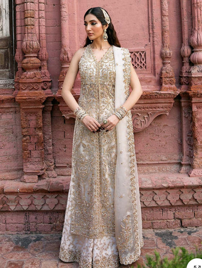 Kanwal Malik NISHA( inspired)- 3 pcs heavy embroidered soft organza shirt and sharara suit..Beige