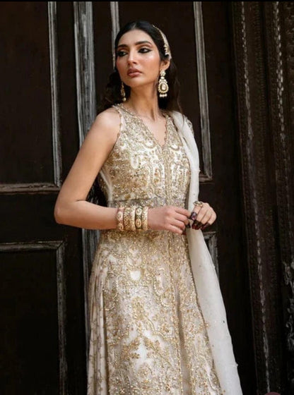Kanwal Malik NISHA( inspired)- 3 pcs heavy embroidered soft organza shirt and sharara suit..Beige