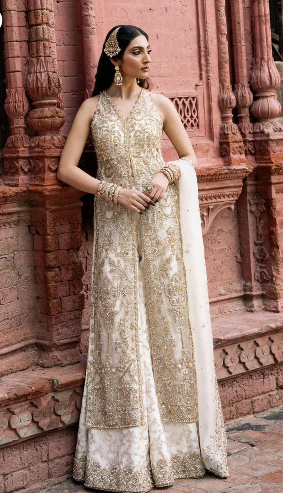 Kanwal Malik NISHA( inspired)- 3 pcs heavy embroidered soft organza shirt and sharara suit..Beige
