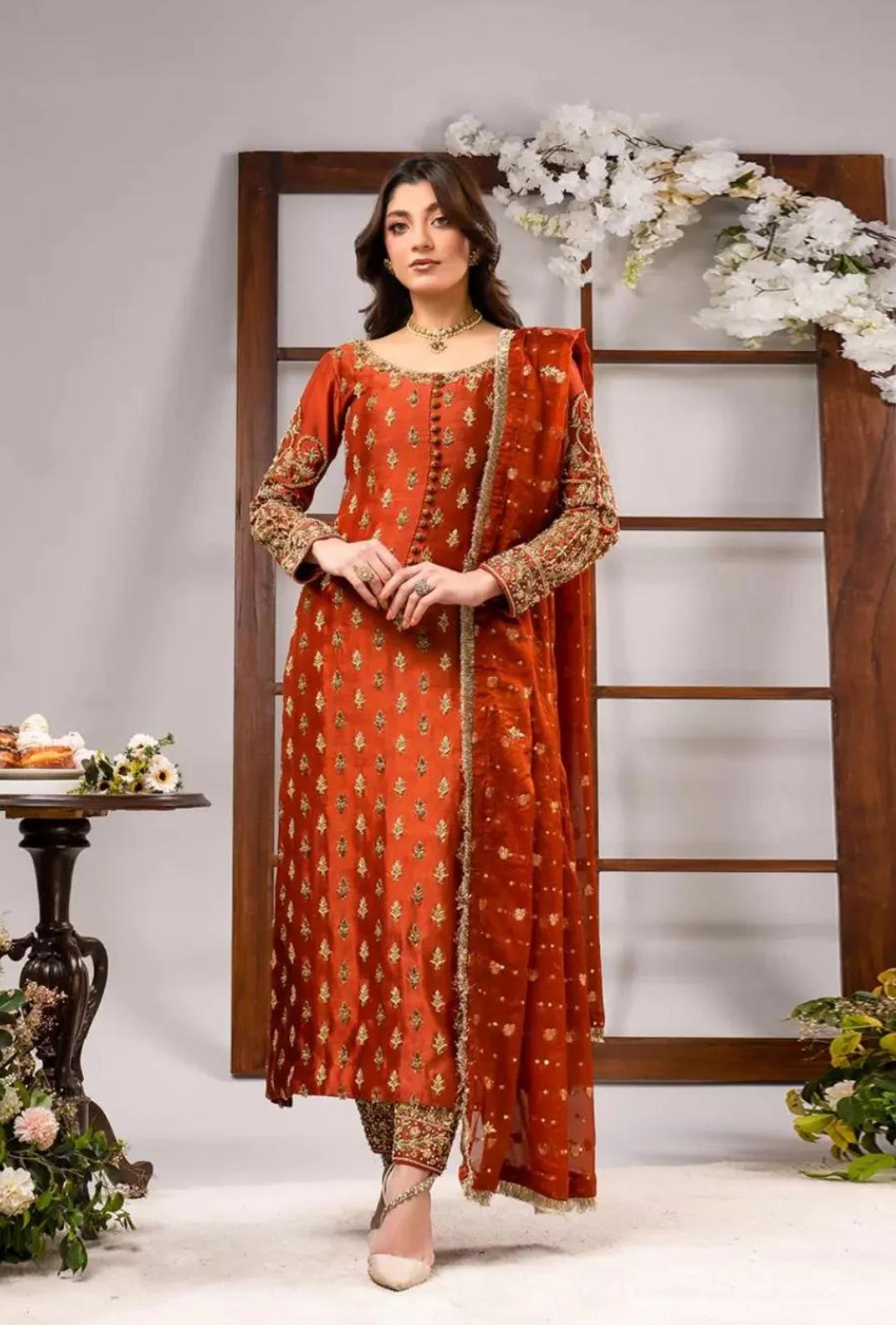 Ahmed sultan TANGERINE ( inspired)- 3 pcs heavy embroidered Raw silk shirt and trouser with soft organza duppatta