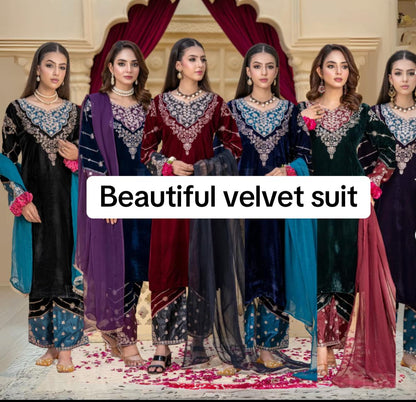 Luxury Velvet - 3pcs Embroidered Velvet Shirt and Trouser..comes with Chiffon Duppatta