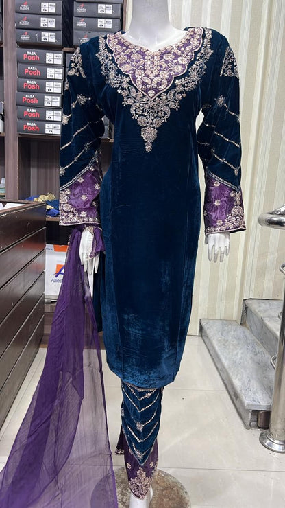 Luxury Velvet - 3pcs Embroidered Velvet Shirt and Trouser..comes with Chiffon Duppatta