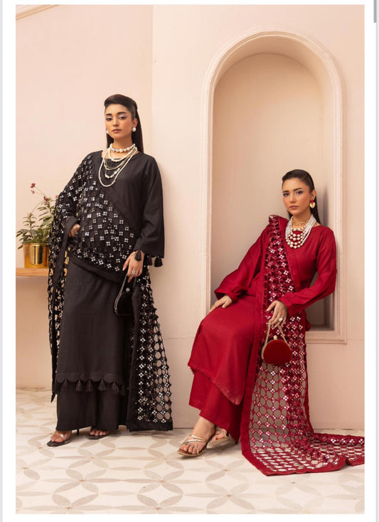 Premium Winter Dhunak 3-Piece Suit with Maria B Inspired Sheesh Dupatta – Luxury Winter Collection