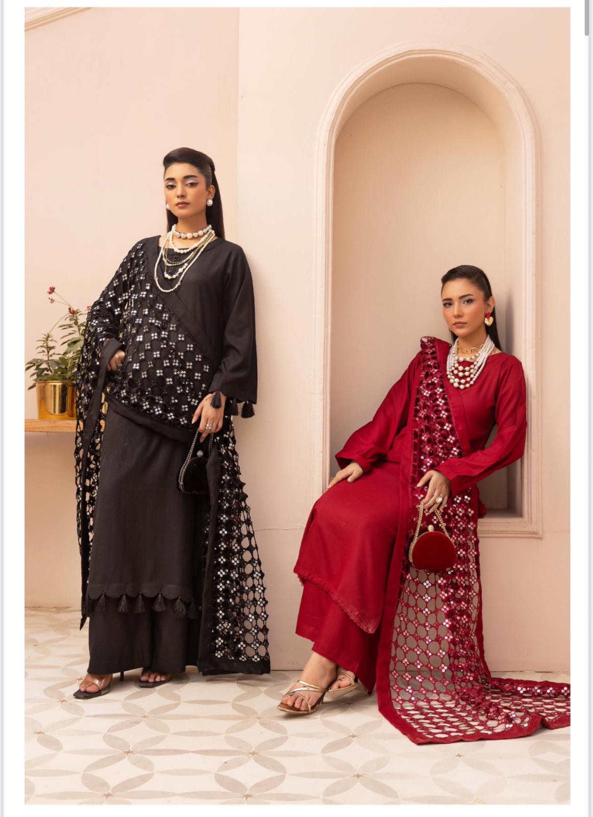 Premium Winter Dhunak 3-Piece Suit with Maria B Inspired Sheesh Dupatta – Luxury Winter Collection