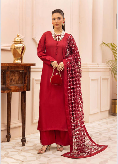Premium Winter Dhunak 3-Piece Suit with Maria B Inspired Sheesh Dupatta – Luxury Winter Collection