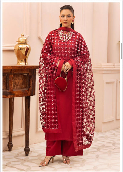 Premium Winter Dhunak 3-Piece Suit with Maria B Inspired Sheesh Dupatta – Luxury Winter Collection