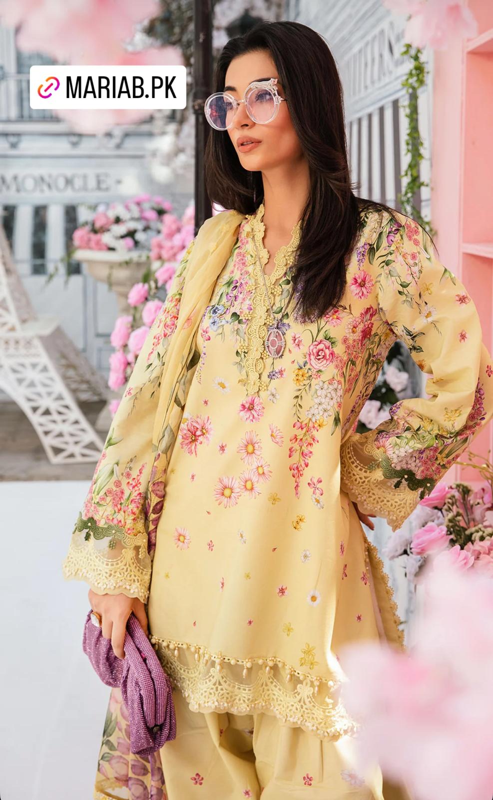 Maria B Inspired 3-Piece Suit with Chiffon Dupatta Yellow | Elegant Pakistani Wear (Sizes S–2XL)