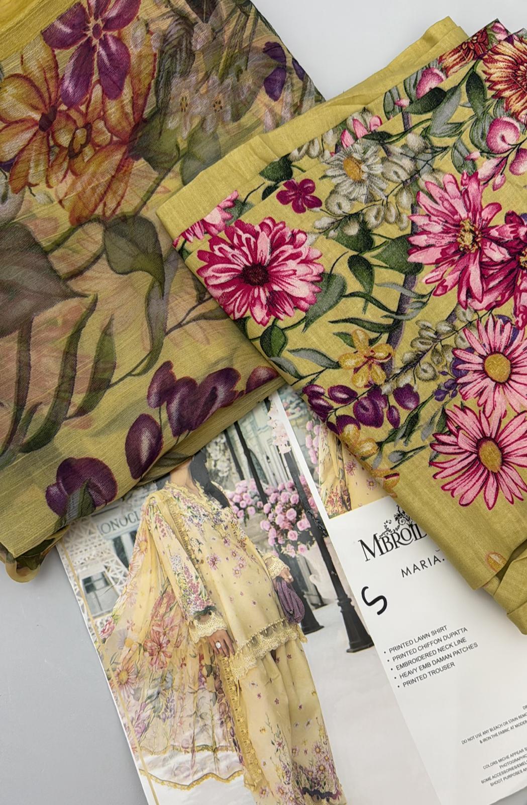 Maria B Inspired 3-Piece Suit with Chiffon Dupatta Yellow | Elegant Pakistani Wear (Sizes S–2XL)