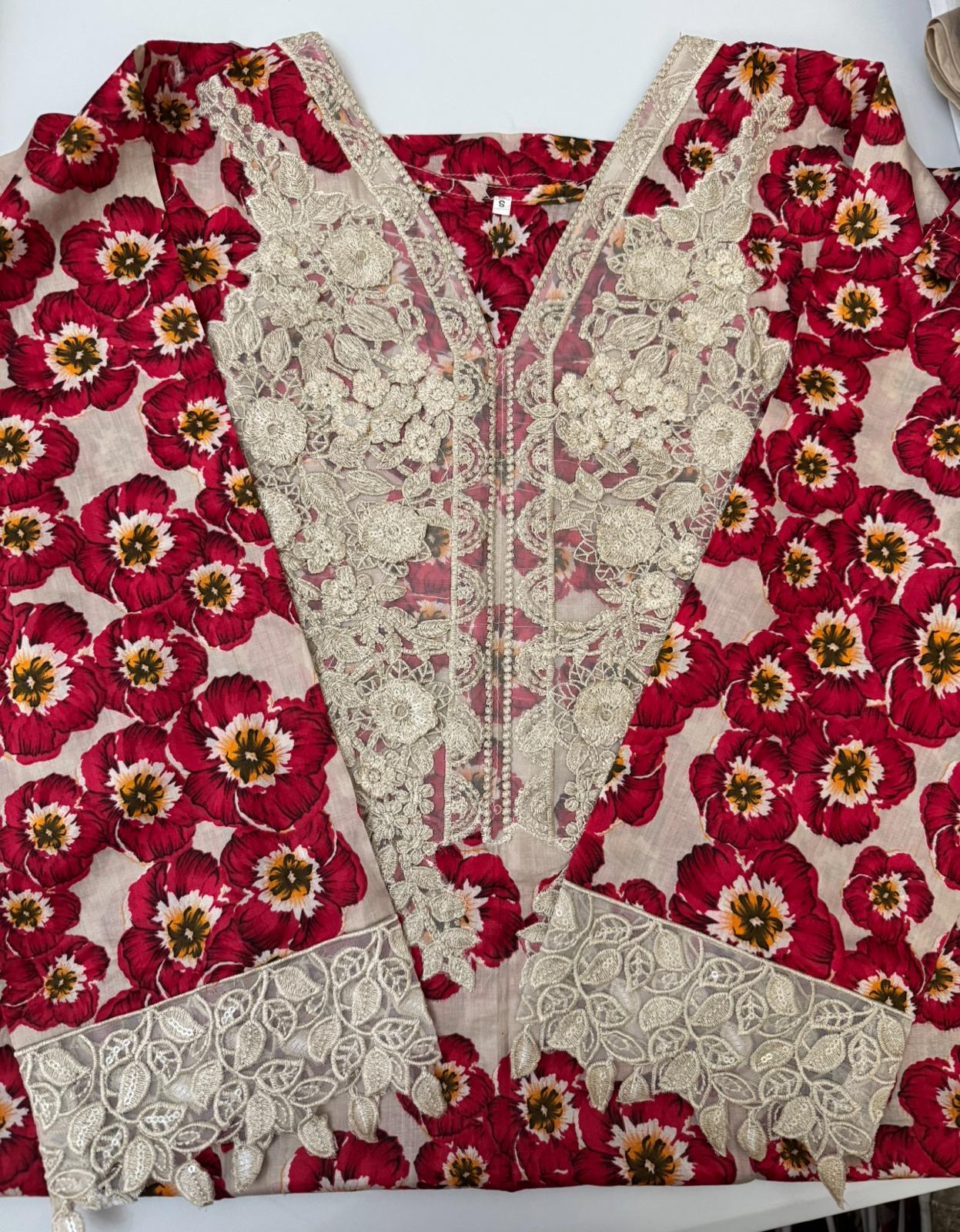 Maria B Inspired 3-Piece Suit with Chiffon Dupatta | Elegant Pakistani Wear Red (Sizes S–2XL)