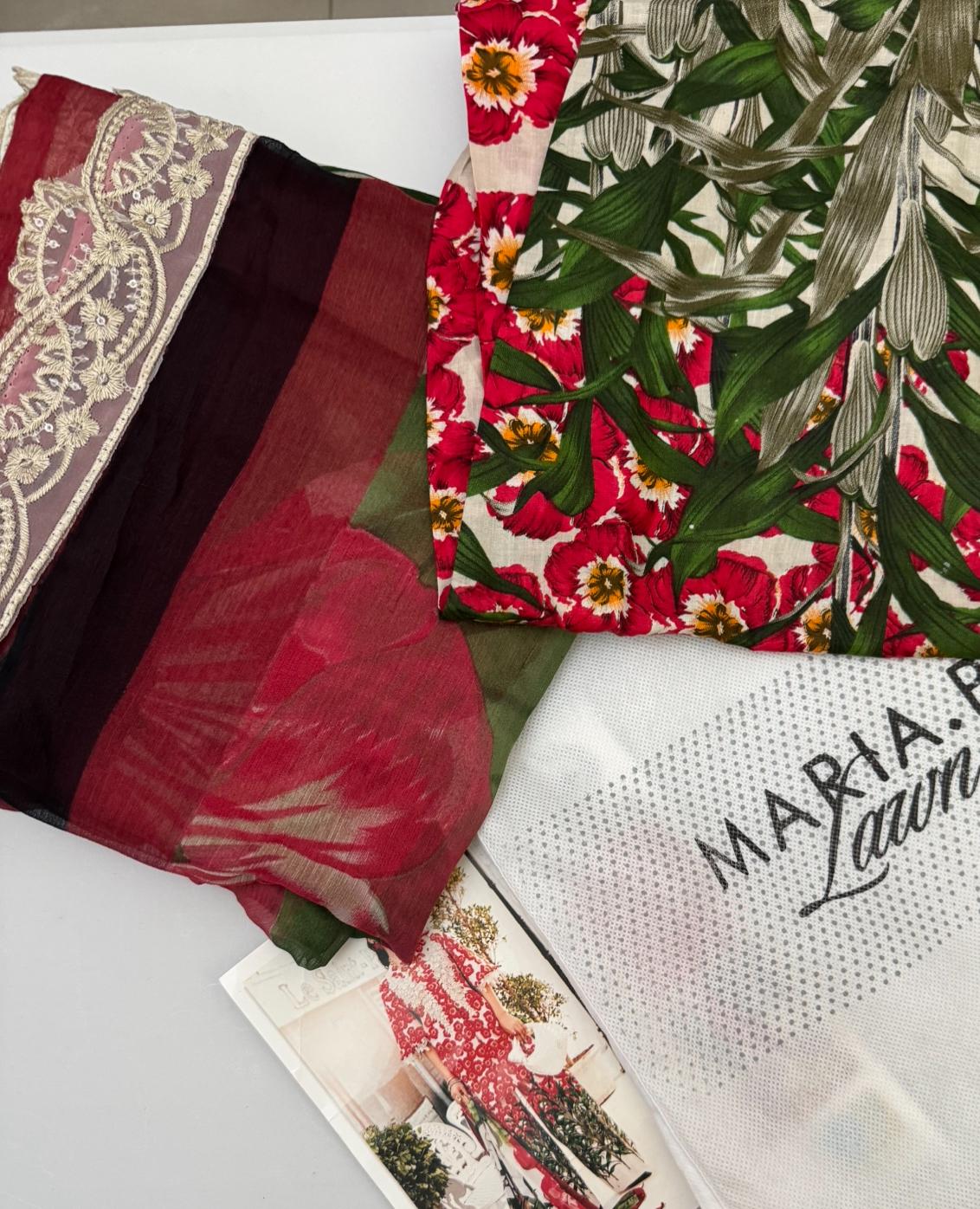 Maria B Inspired 3-Piece Suit with Chiffon Dupatta | Elegant Pakistani Wear Red (Sizes S–2XL)