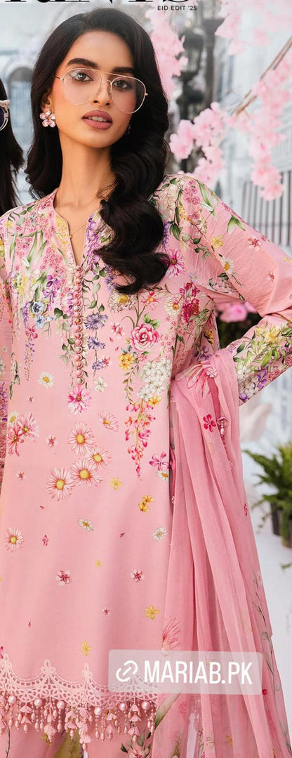 Maria B Inspired 3-Piece Suit with Chiffon Dupatta | Elegant Pakistani Wear Pink (Sizes S–2XL)