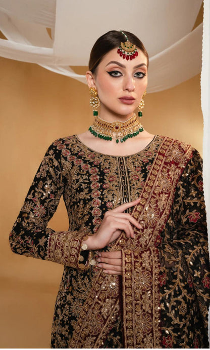 Suhana by Haseen’s – Original 4-Piece Chiffon Heavy Embroidered Wedding Collection with Matching Potli Bag- Size  S-XL