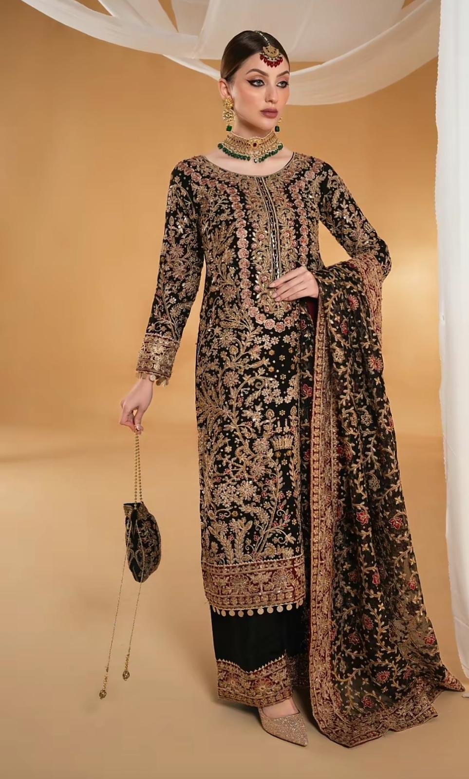 Suhana by Haseen’s – Original 4-Piece Chiffon Heavy Embroidered Wedding Collection with Matching Potli Bag- Size  S-XL