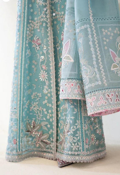 suffuse Iyara ( inspired) Ice Blue colour…3 pcs heavy embroidered soft organza shirt and duppatta..comes with sharara