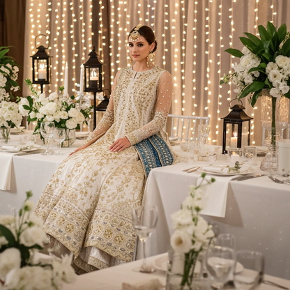 AIK Atelier Inspired – Heavy Embroidered 3-Piece Wedding Collection by Simran’s | With Heavy Embroidered Dupatta & Soft Banarsi Fabric Lehenga/Sharara-Grey Size S-XL