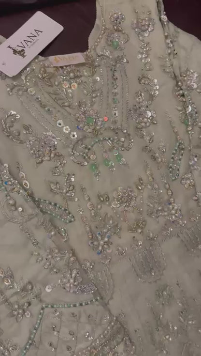 Vana By Simrans Heavy Jewellery Stone Work Embroidered Wedding Maxi – Mint Green Soft Organza (S–XL)