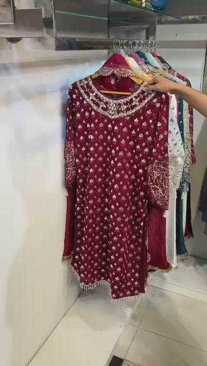 Luxury Chiffon 4pcs Dress -Embroidered Organza Dupatta | Crush Plazo | Matching Potli Bag-