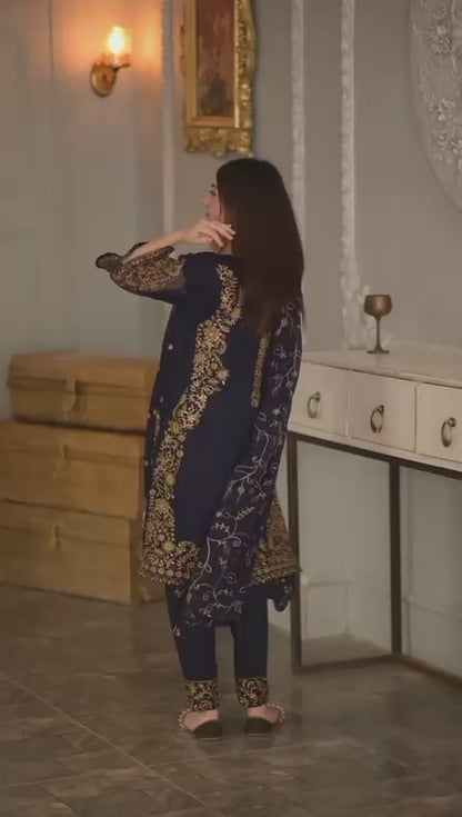 Luxury Chiffon 3 pcs Suit with Heavy Embroidery – Front & Back Work